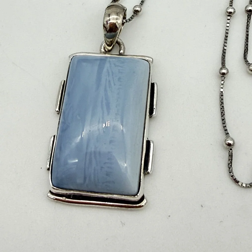 Vtg 925 Sterling Silver Blue Lace Agate Pendant Necklace Box Ball İtaly Chain 26